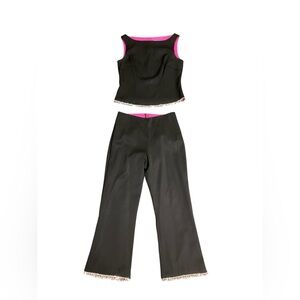 Vintage Trina Turk Y2K Black Rhinestone Trim 2 Piece Set Pink Lined